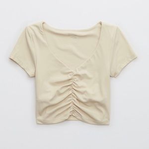 NWOT OFFLINE by Aerie Real Me Ruched Tshirt Soft Oat Beige Color XS Crop Top